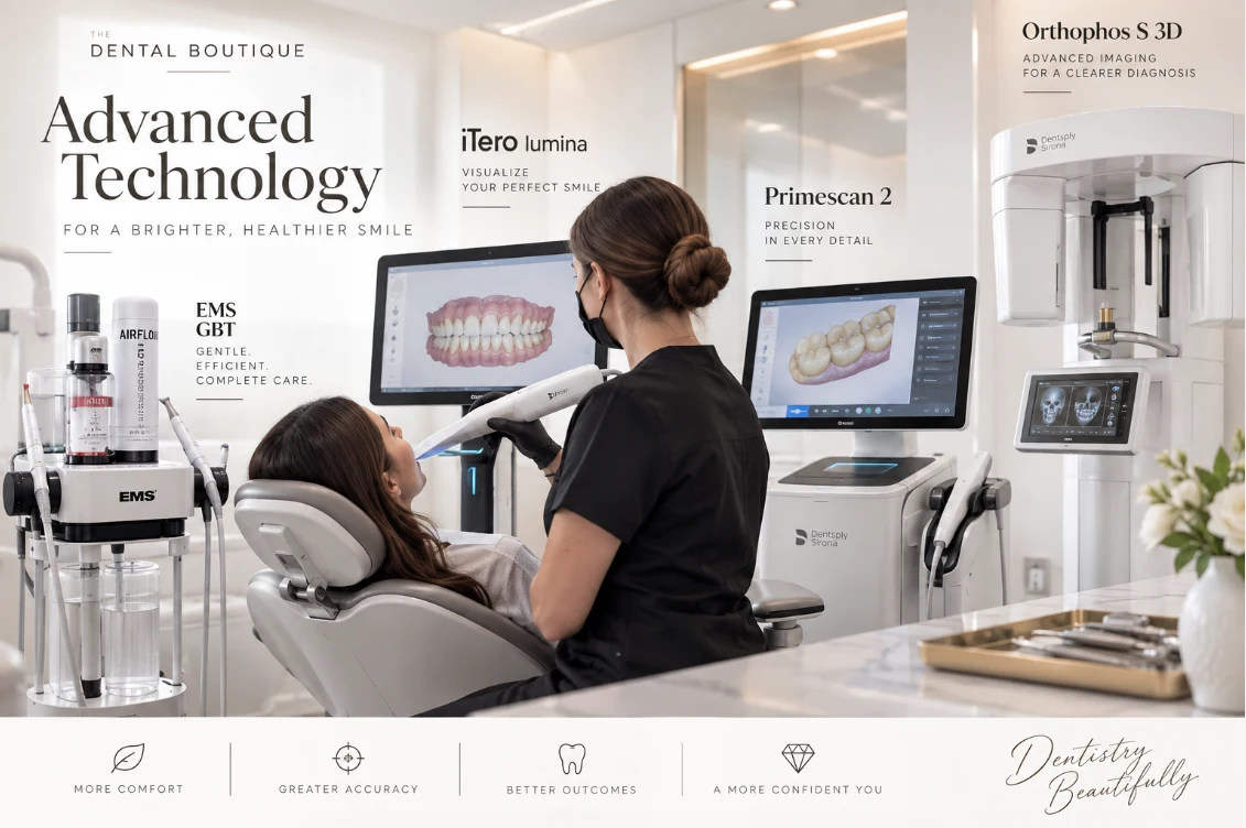 The Dental Boutique technology overview featuring iTero Lumina, Primescan 2, EMS GBT and Orthophos S 3D
